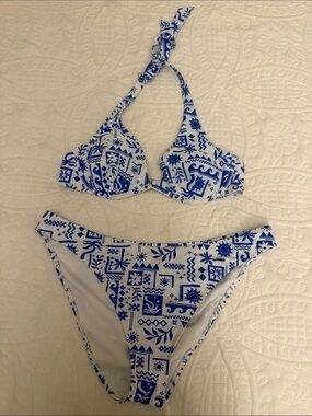 White & Blue Patterned Halter Bikini Set